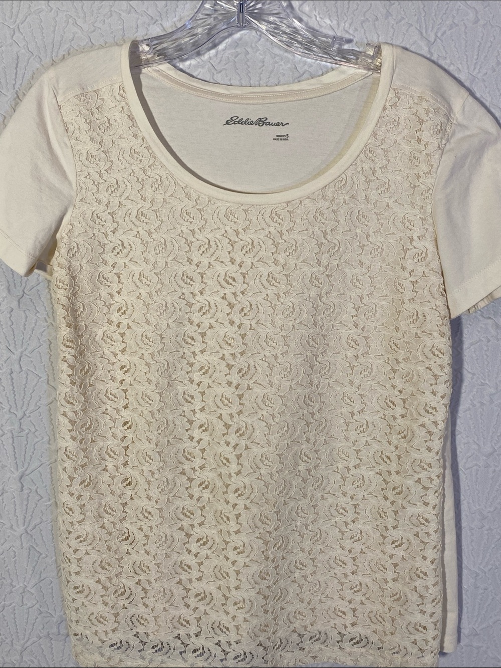 Eddie Bauer Cream Lace-Front Short Sleeve Tee